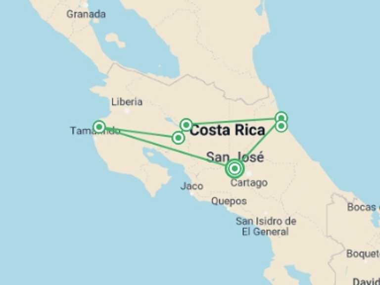 Map of a Self-drive or vehicle rental Tour with 8 destination visits for the trip: Essential Costa Rica - Package With Manuel Antonio National Park, Self-drive