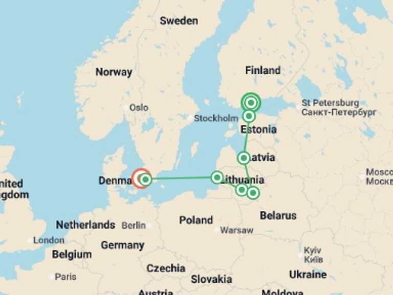 Map itinerary of Europe Tour in September 2026 with 6 destination visits for the trip: Nordic & Baltic Escape
