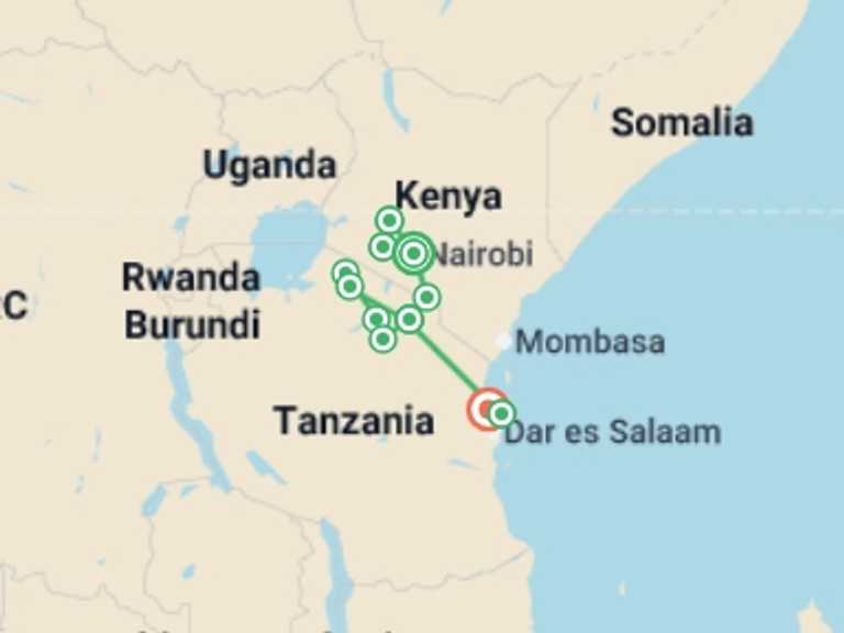 Map itinerary of Africa Tour in Summer with 12 destination visits for the trip: Kenya and Tanzania: Safari Adventures & Coastal East Africa