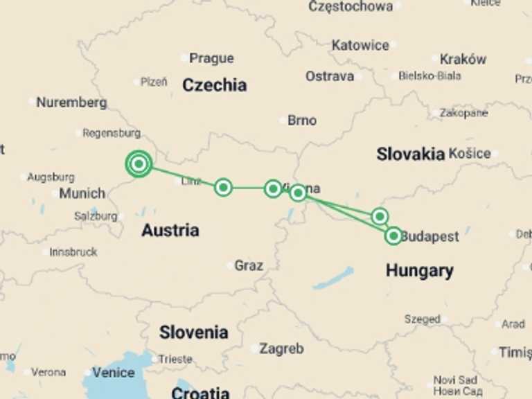 Map of Europe Tour with 5 destination visits for the trip: The beautiful blue Danube from Passau to Budapest (port-to-port cruise)