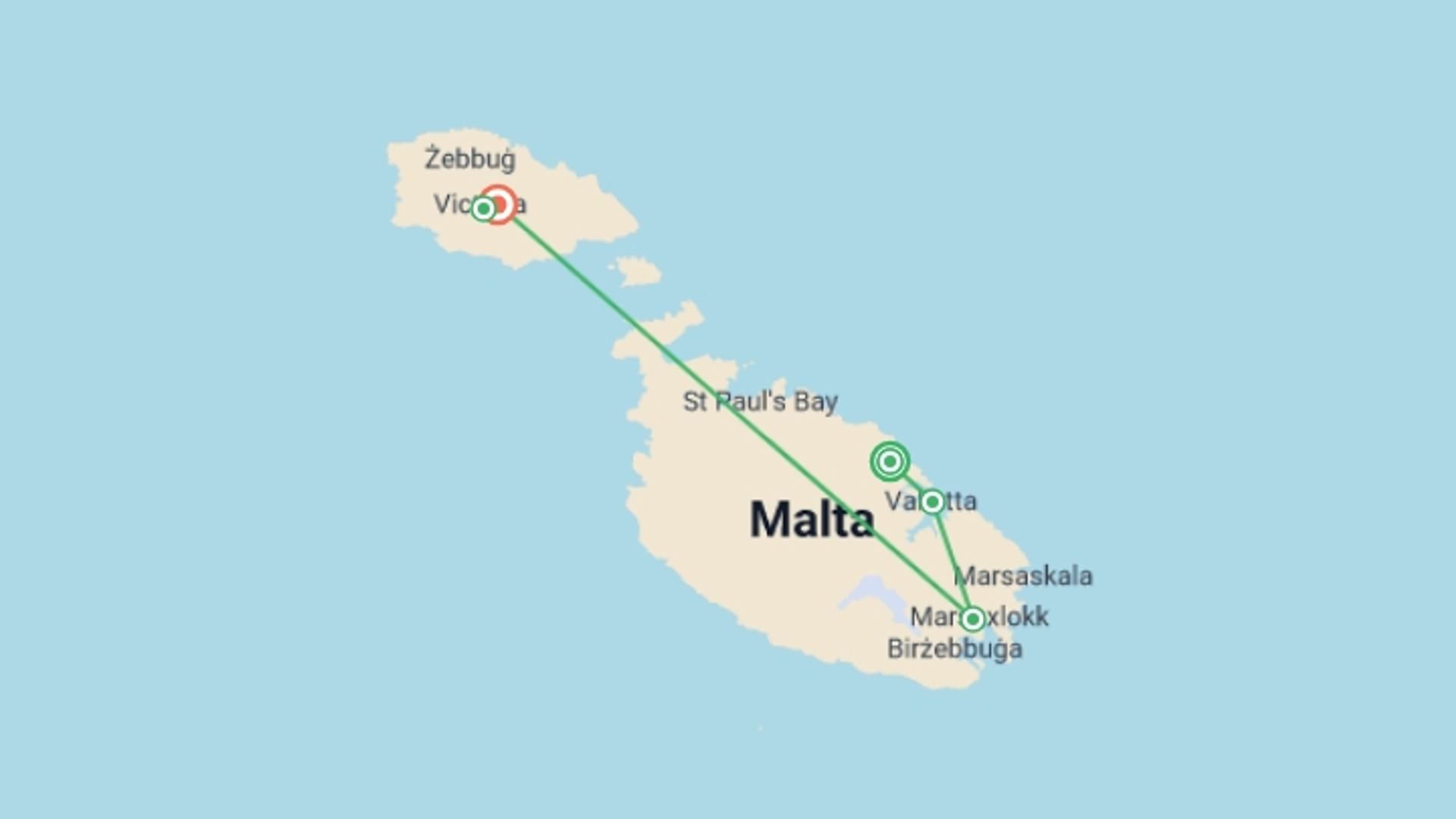 A map showing the tour itinerary for the trip: Discovering the Maltese Islands, starting in St Julian's, Malta and ending in Gozo, Malta going through 3 other destinations.