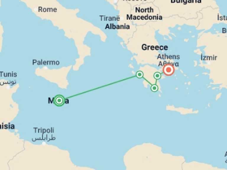 Map of a Cruise Tour with 5 destination visits for the trip: Mediterranean Wonders from Malta to Ancient Greece (port-to-port cruise)
