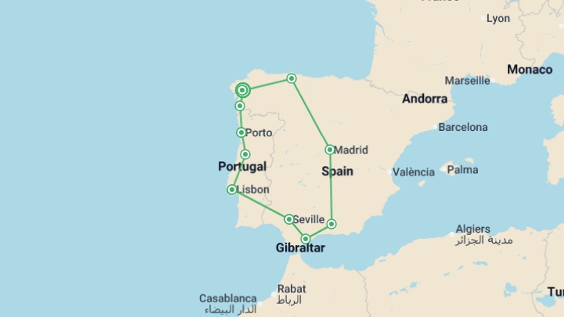 A map showing the tour itinerary for the trip: Iberia Loop From Santiago - 14 days, starting in Santiago De Compostela, Spain and ending in Santiago De Compostela, Spain going through 10 other destinations.