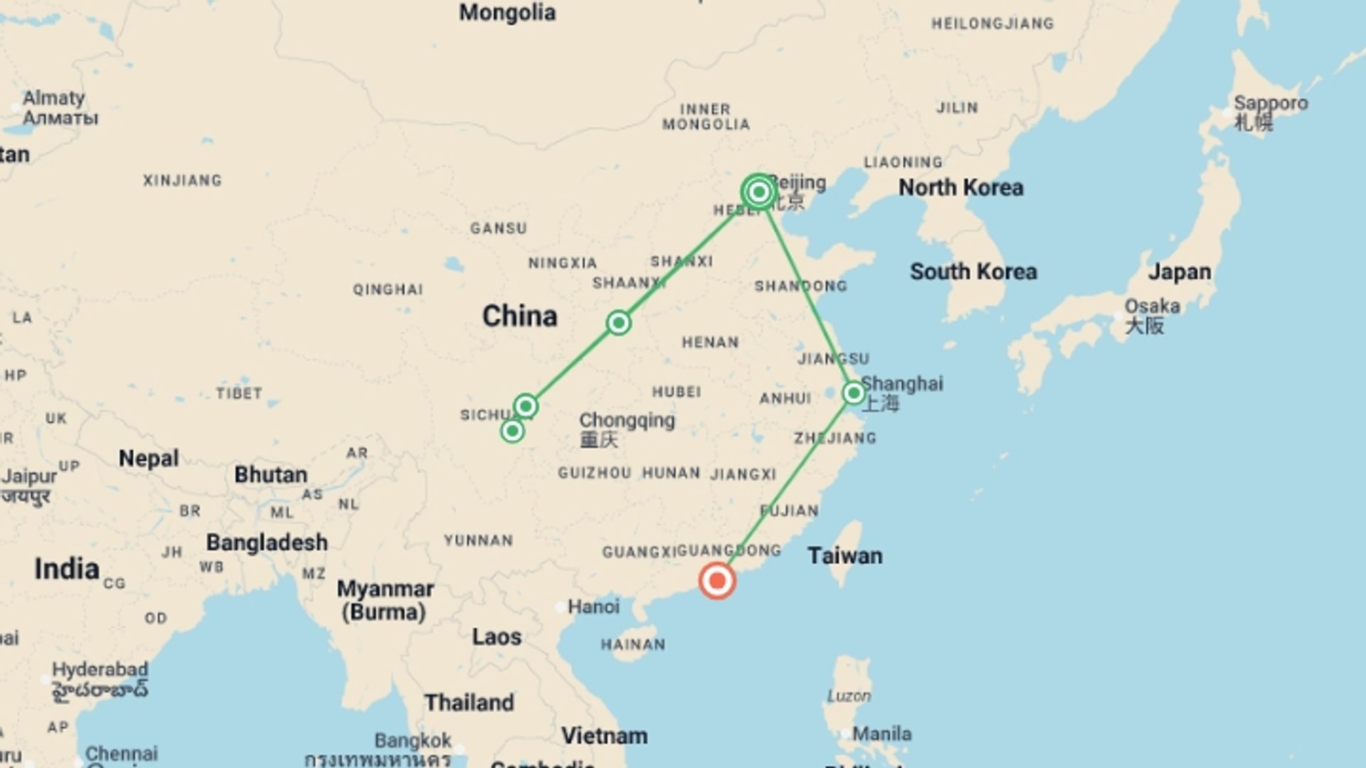 A map showing the tour itinerary for the trip: China Real Food Adventure, starting in Beijing, China and ending in Hong Kong, Hong Kong going through 4 other destinations.