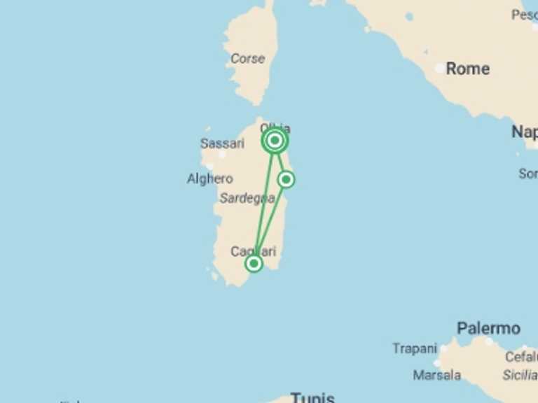 Map itinerary of Italy Tour in July 2026 with 4 destination visits for the trip: South to North Sardinia Express