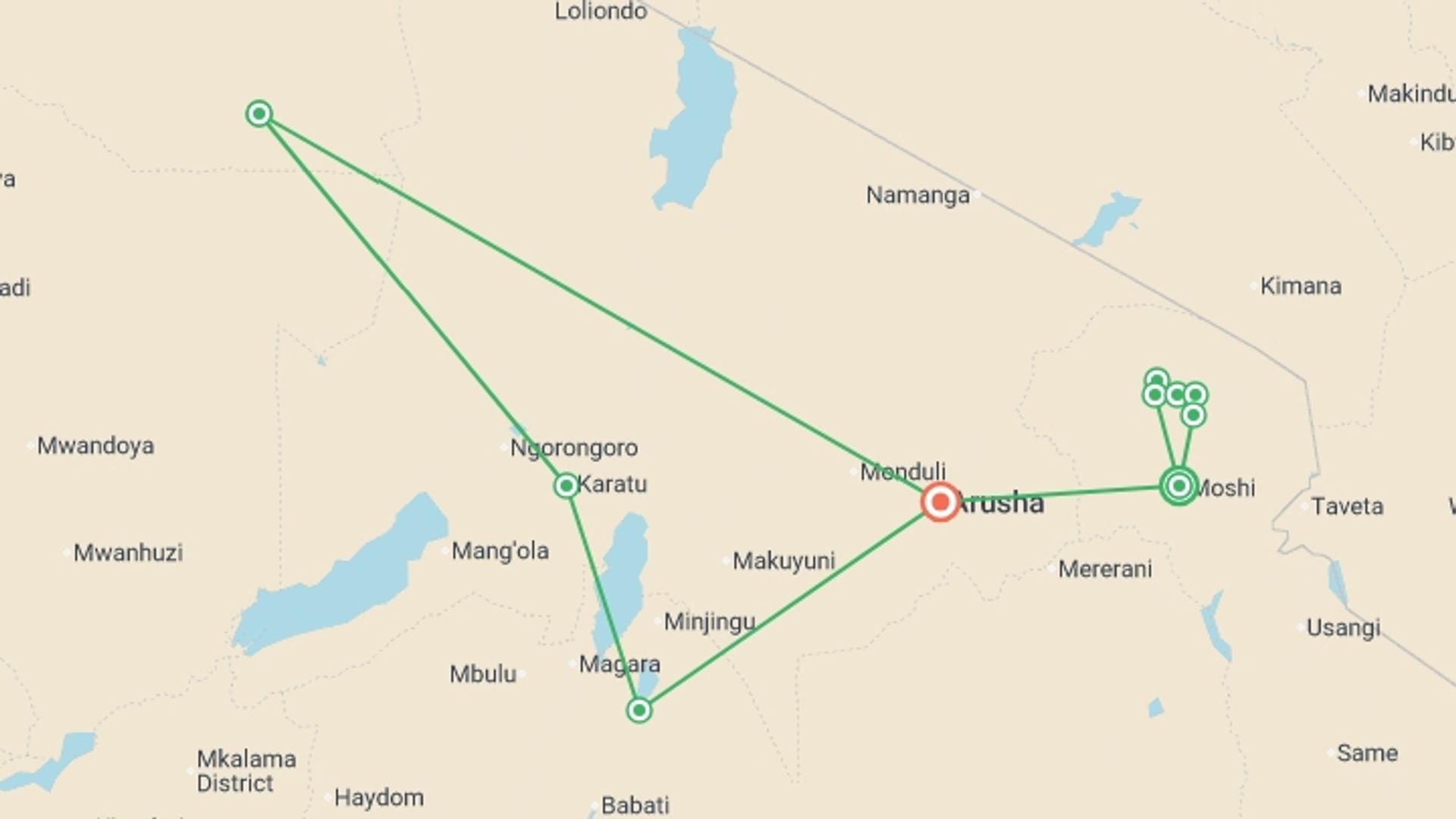 A map showing the tour itinerary for the trip: Tanzania: Kilimanjaro's Machame Route & Serengeti Wildlife, starting in Moshi, Tanzania and ending in Arusha, Tanzania going through 8 other destinations.