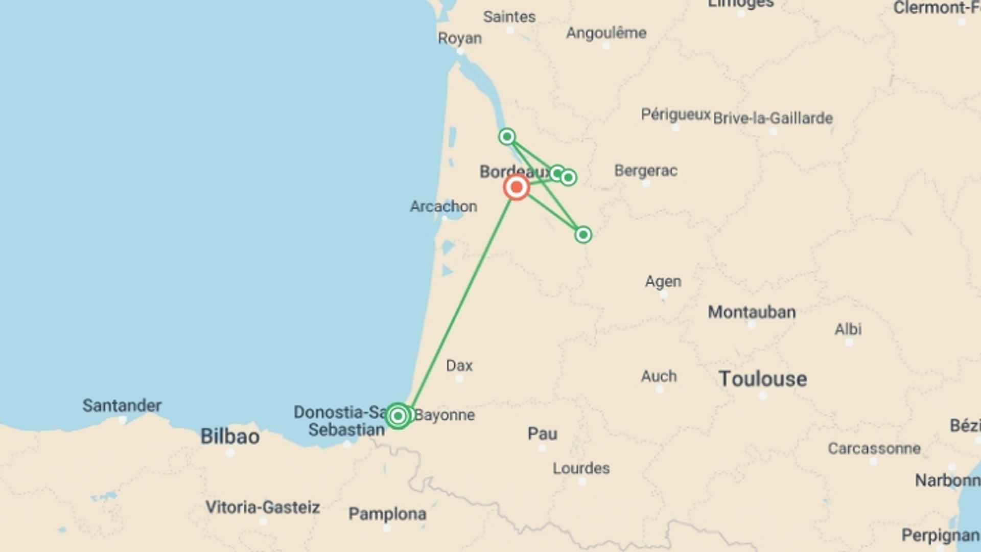 A map showing the tour itinerary for the trip: From the French Basque Country to Bordeaux - Fine French cuisine at the foot of the Pyrenees and a cruise to discover Bordeaux and its outlying areas (port-to-port cruise), starting in Nouvelle-Aquitaine, France and ending in Bordeaux, France going through 5 other destinations.