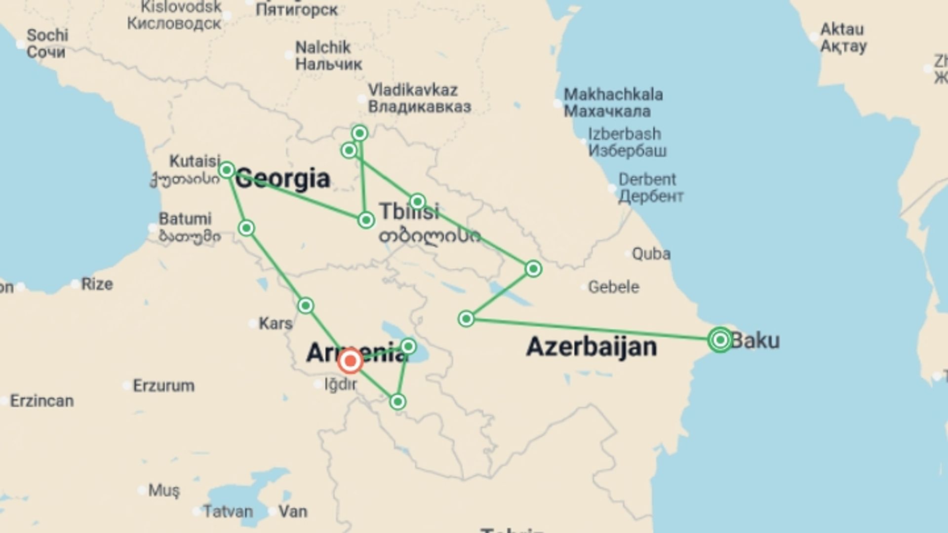 A map showing the tour itinerary for the trip: Azerbaijan, Georgia & Armenia Adventure, starting in Baku, Azerbaijan and ending in Yerevan, Armenia going through 11 other destinations.