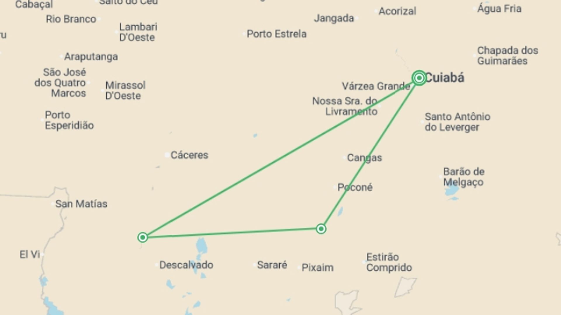 A map showing the tour itinerary for the trip: Pantanal - Land of the Jaguar, starting in Cuiaba, Brazil and ending in Cuiaba, Brazil going through 2 other destinations.