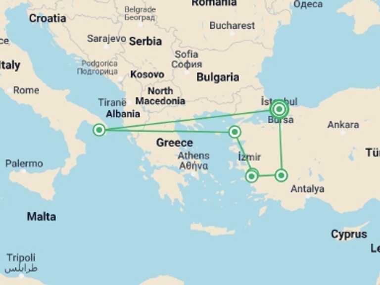 Map itinerary of Turkey Tour in September 2025 with 5 destination visits for the trip: Private Aegean Delight Tour