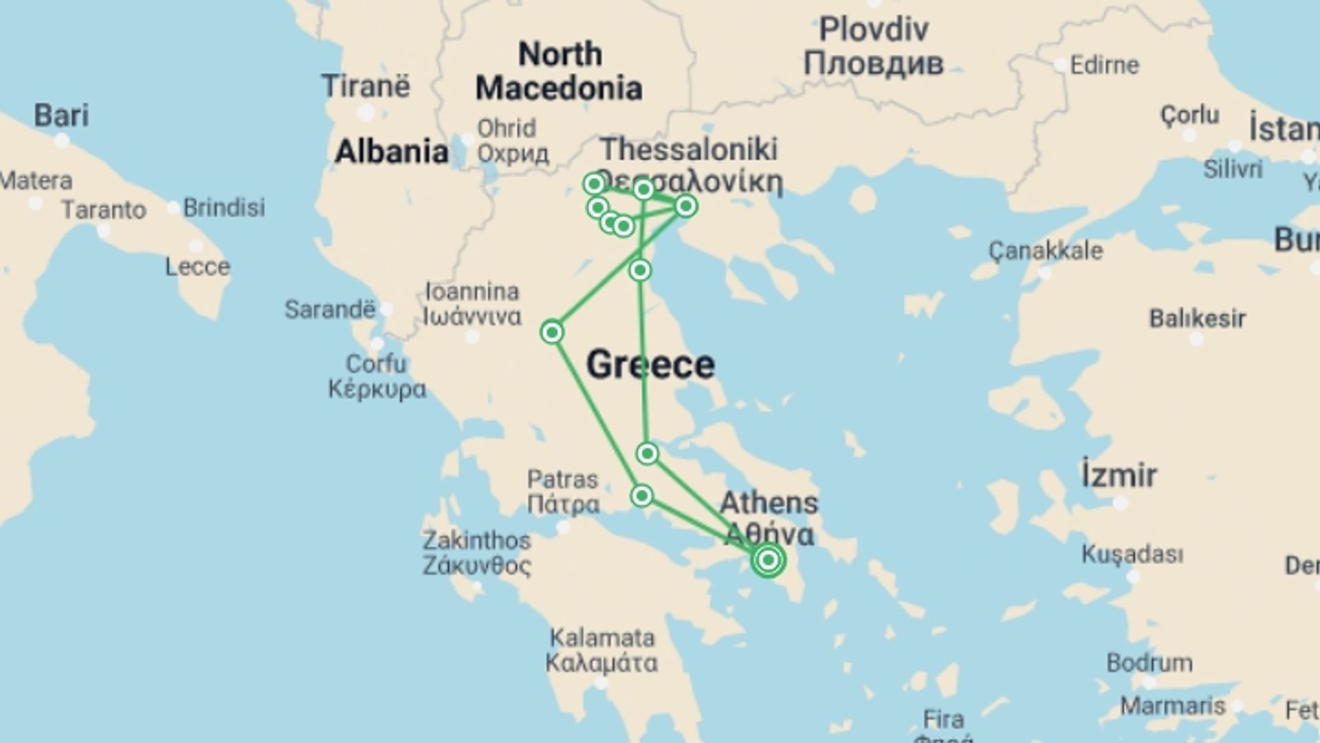 A map showing the tour itinerary for the trip: Northern Greece With Meteora, Delphi And Thessaloniki, starting in Athens, Greece and ending in Athens, Greece going through 2 other destinations.