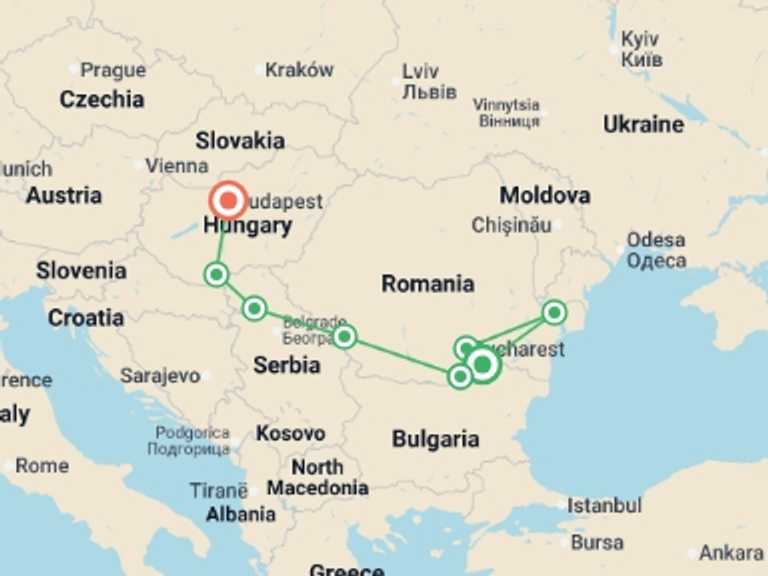 Map of Eastern Europe Tour with 9 destination visits for the trip: Along the Danube, the Balkan peninsula and Budapest (port-to-port cruise)
