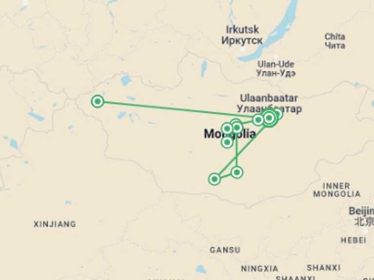 Map of a Festivals and events Tour with 10 destination visits for the trip: Discover Mongolia - Eagle Festival