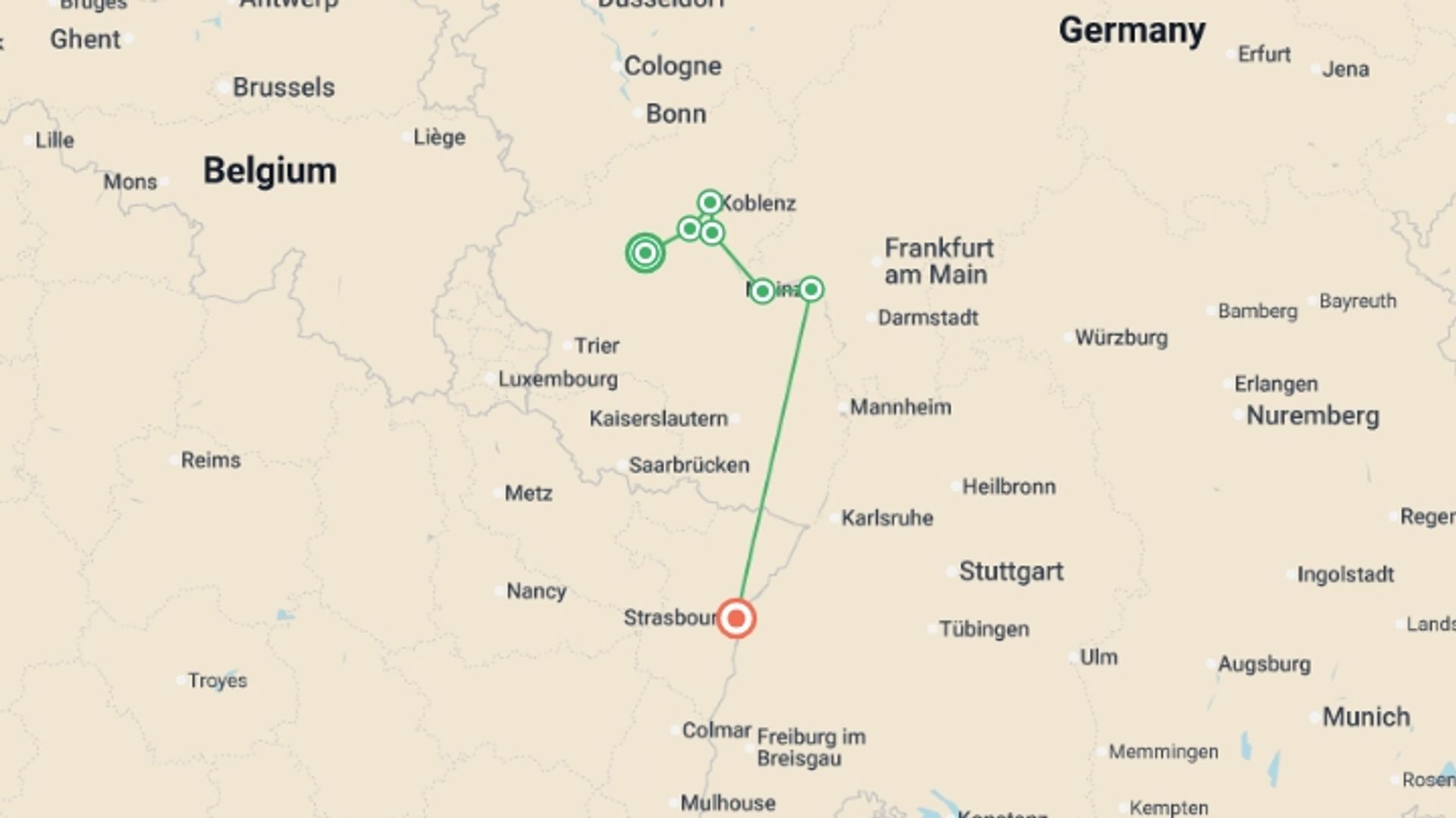 A map showing the tour itinerary for the trip: The Rhine & Moselle (port-to-port cruise), starting in Cochem, Germany and ending in Strasbourg, France going through 3 other destinations.