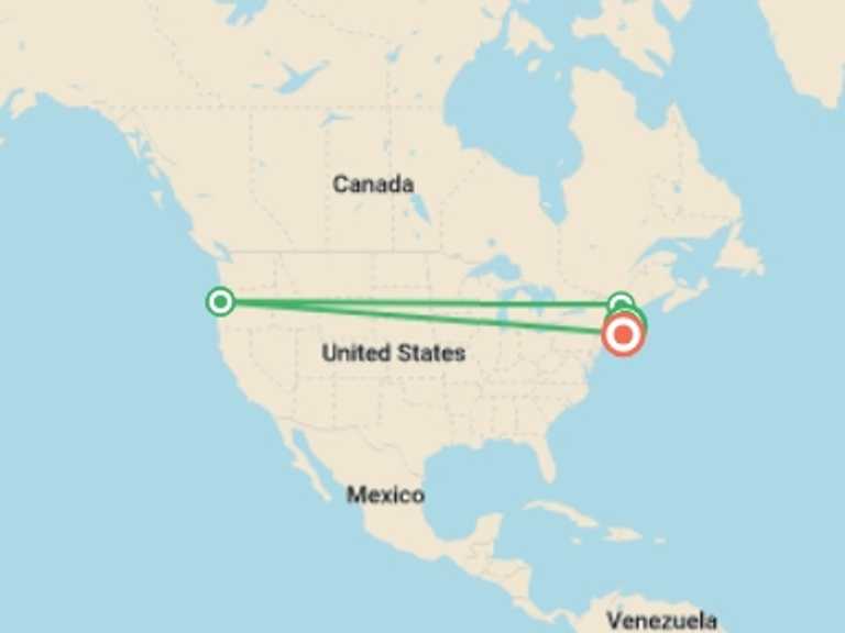 Map itinerary of USA Tour in December 2026 with 5 destination visits for the trip: New England Holiday featuring the historic Omni Mount Washington Resort