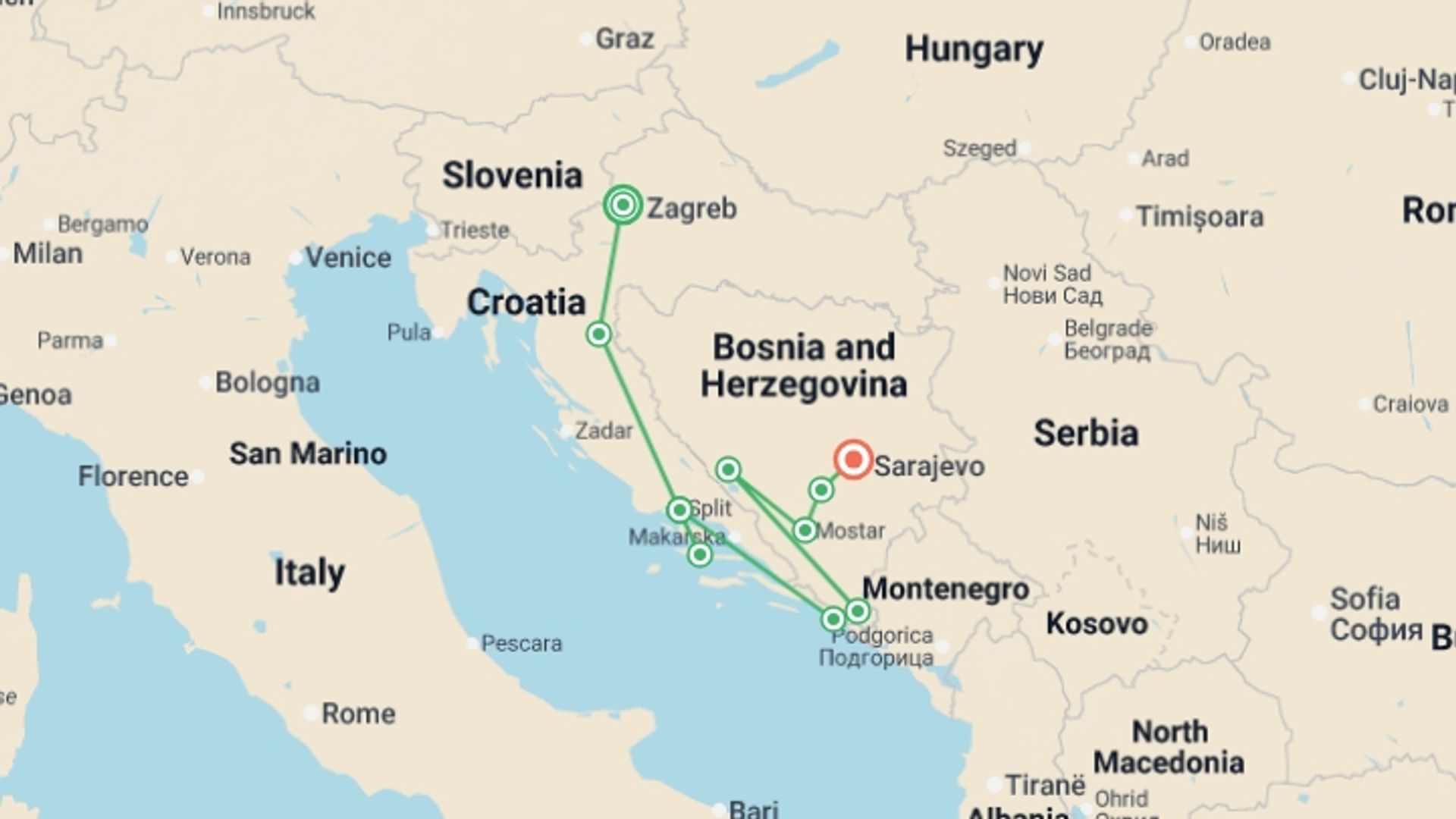 A map showing the tour itinerary for the trip: Croatia to Bosnia: Bustling Cities & Beautiful Sights, starting in Zagreb, Croatia and ending in Sarajevo, Bosnia Herzegovina going through 7 other destinations.