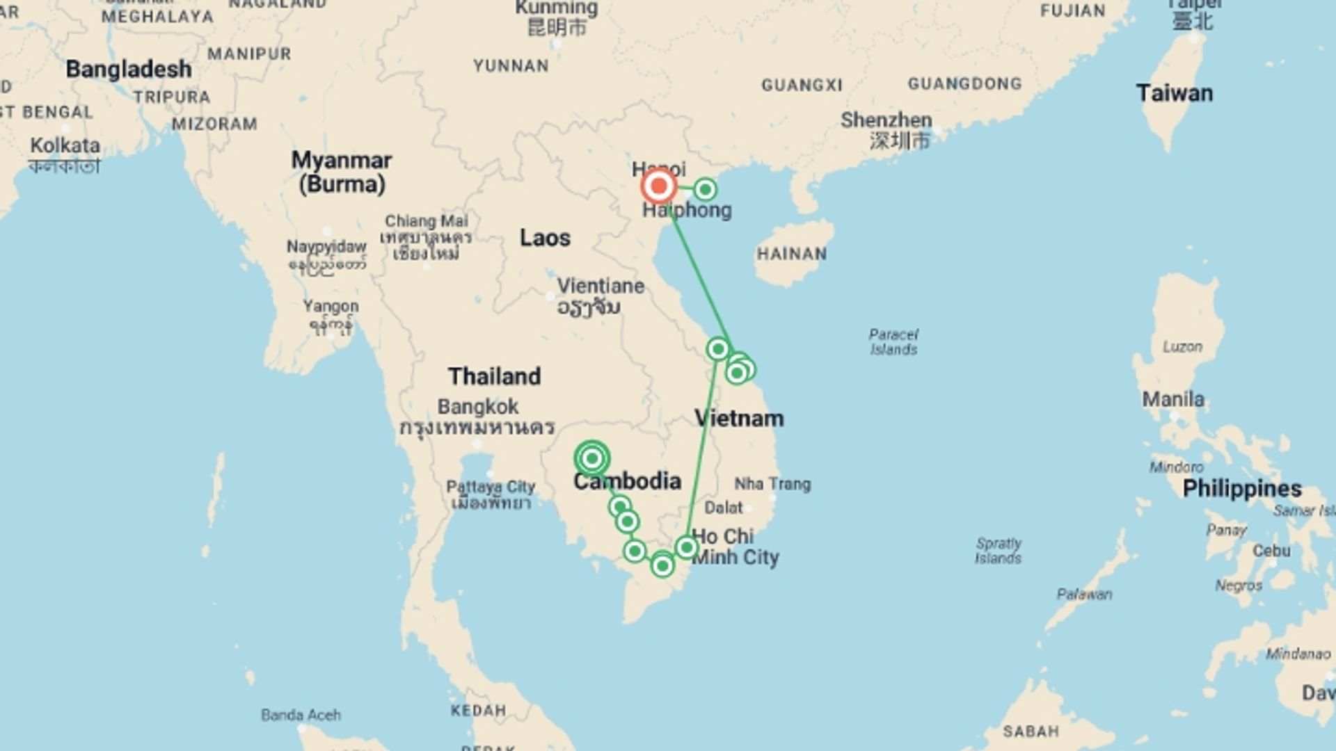 A map showing the tour itinerary for the trip: From the Temples of Angkor to the Mekong Delta & The Imperial Cities (port-to-port cruise), starting in Siem Reap, Cambodia and ending in Hanoi, Vietnam going through 10 other destinations.