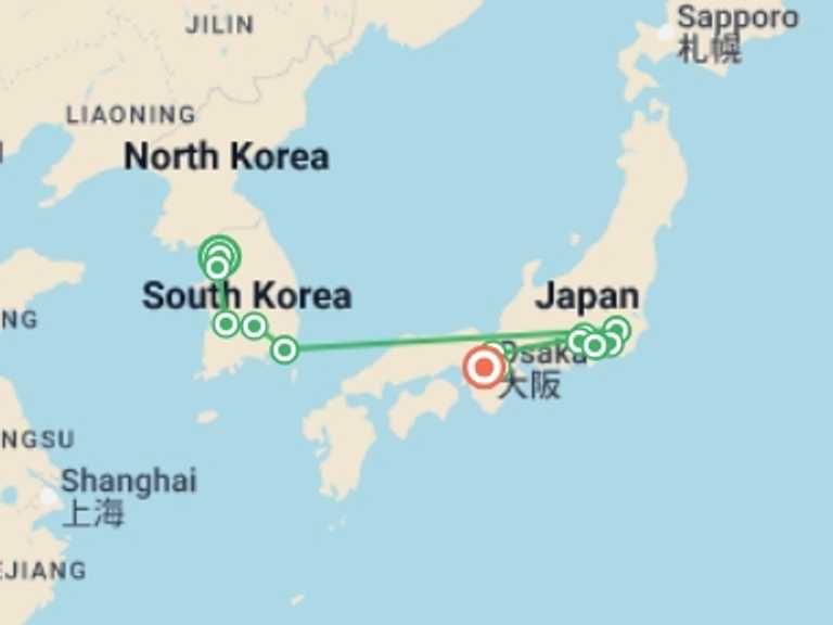Map of Asia Tour with 7 destination visits for the trip: Korean Snapshots and Japan with Hakone