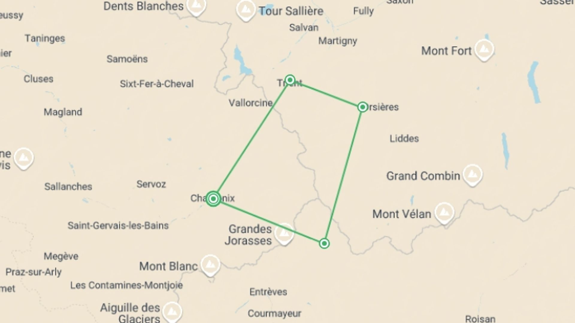 A map showing the tour itinerary for the trip: Mont Blanc Guided Hike Classic, starting in Chamonix, France and ending in Chamonix, France going through 3 other destinations.