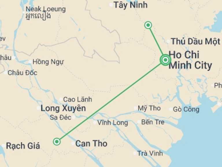 Map itinerary of South East Asia Tour in August 2026 with 1 destination visits for the trip: Saigon, Mekong Delta & Cu Chi Express - 5 days