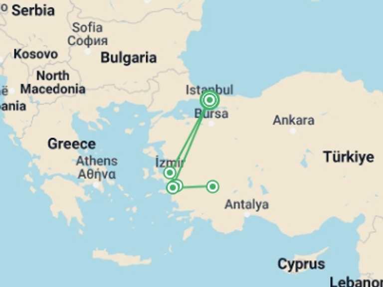 Map of a Spiritual or religious Tour with 3 destination visits for the trip: Istanbul, Kusadasi & Pamukkale Tour