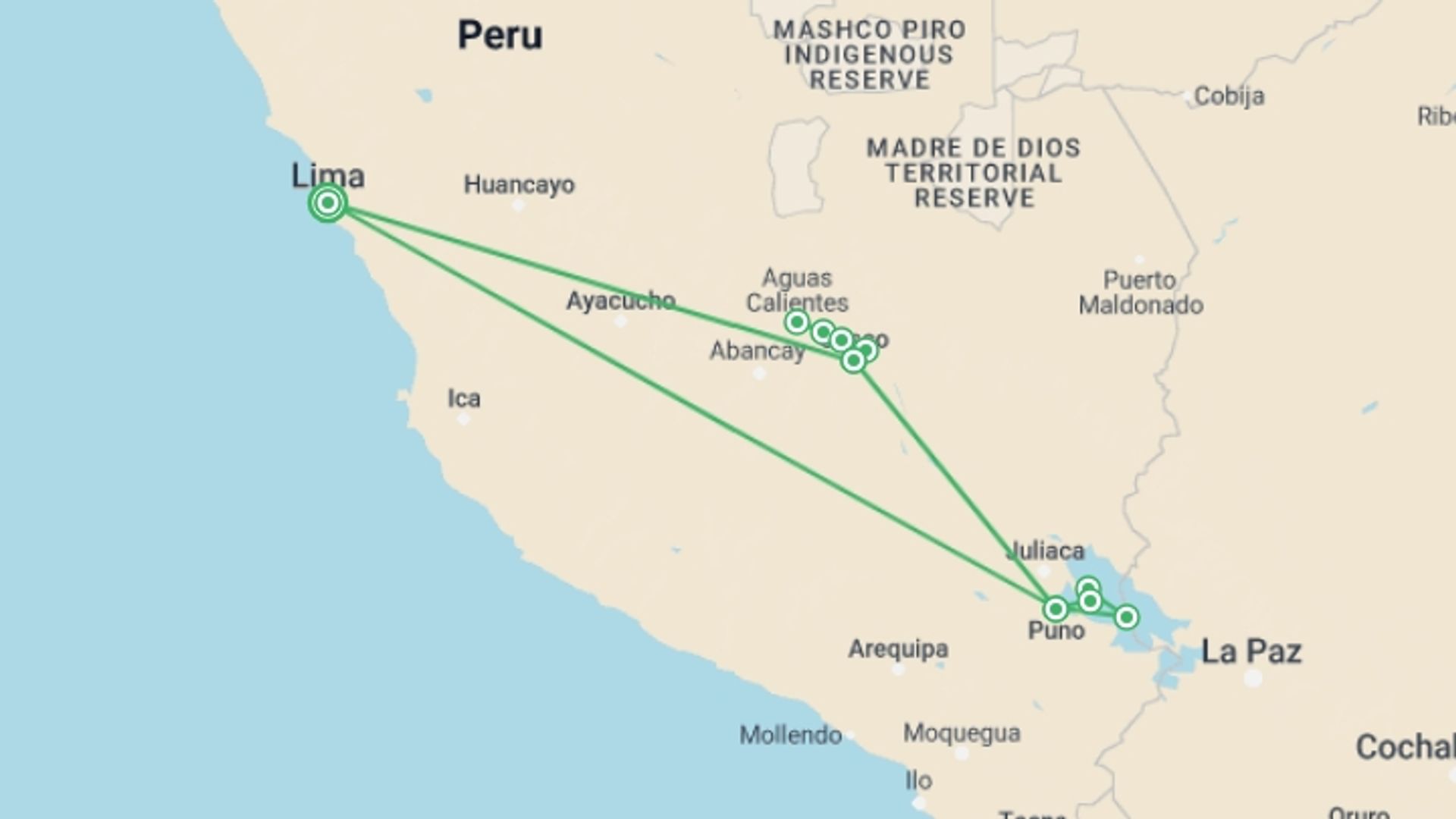 A map showing the tour itinerary for the trip: 10-Day Andean Highlights Machu Picchu & Puno, starting in Lima, Peru and ending in Lima, Peru going through 6 other destinations.