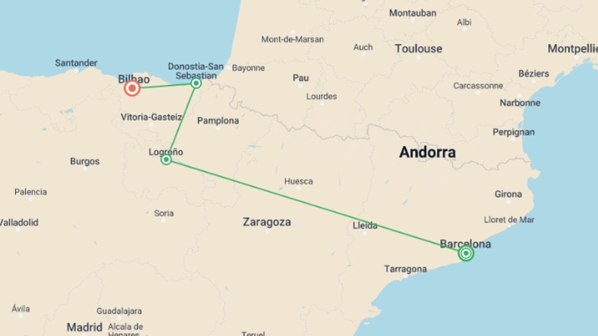 A map showing the tour itinerary for the trip: Highlights of Northern Spain, starting in Barcelona, Spain and ending in Bilbao, Spain going through 2 other destinations.