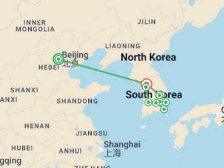 Map itinerary of Asia Tour in August 2026 with 5 destination visits for the trip: Beijing and Korean Landscapes