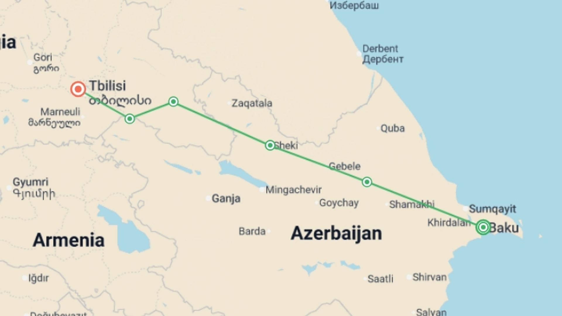 A map showing the tour itinerary for the trip: Highlights of Azerbaijan & Georgia, starting in Baku, Azerbaijan and ending in Tbilisi, Georgia going through 4 other destinations.