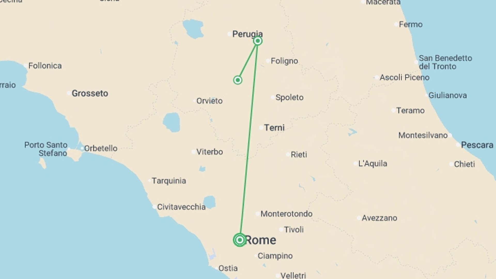 A map showing the tour itinerary for the trip: Shrines of Italy , starting in Rome, Italy and ending in Rome, Italy going through 1 other destinations.
