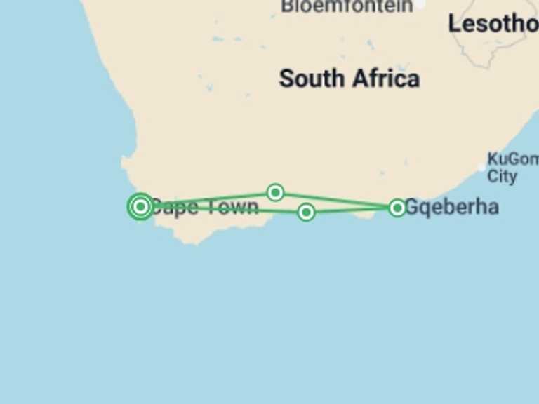Map itinerary of Africa Tour in April 2027 with 4 destination visits for the trip: Garden Route and Addo
