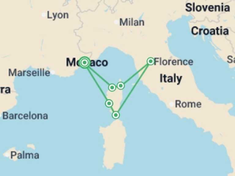 Map of France Cruise Tour with 6 destination visits for the trip: Hiking cruise - Corsica reveals its hidden treasures (port-to-port package)