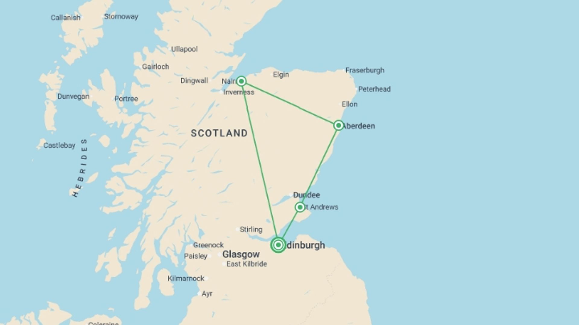 A map showing the tour itinerary for the trip: Scottish Castles Uncovered - 4 days, starting in Edinburgh, Scotland and ending in Edinburgh, Scotland going through 2 other destinations.