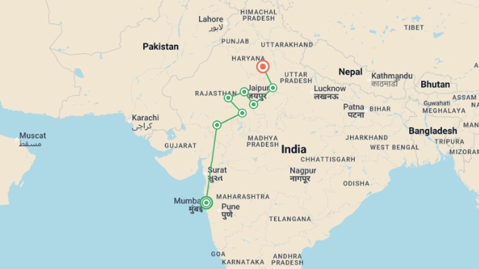 A map showing the tour itinerary for the trip: Premium India in Depth, starting in Mumbai, India and ending in New Delhi, India going through 6 other destinations.