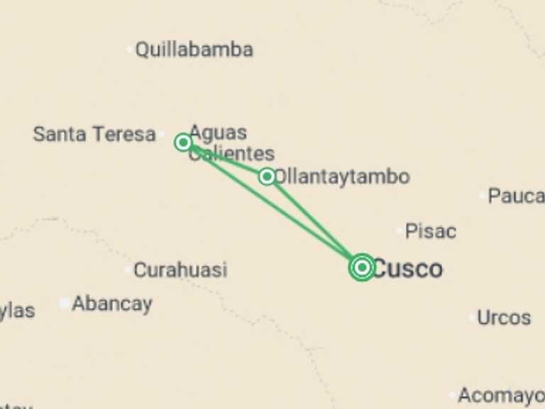 Map itinerary of Ollantaytambo Tour in August 2026 with 3 destination visits for the trip: Premium Walking & Hiking in Peru