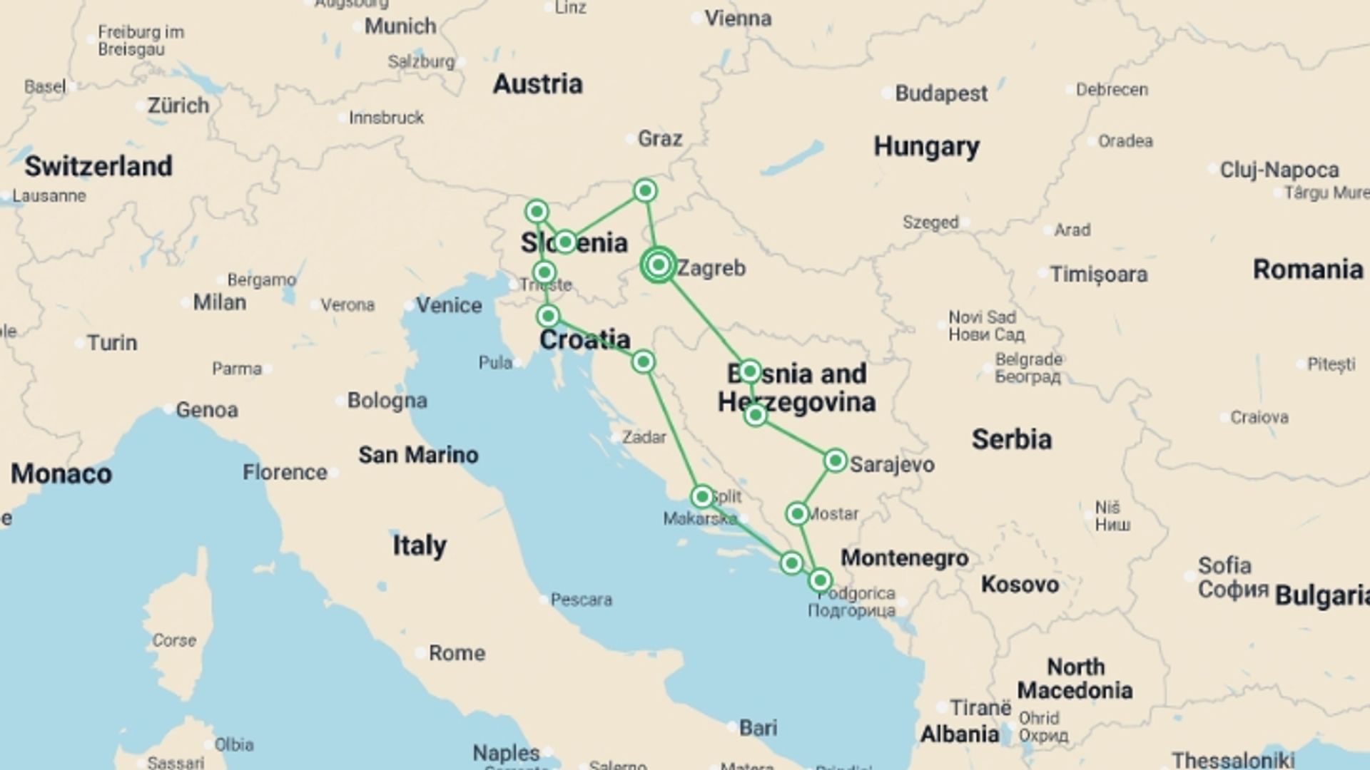 A map showing the tour itinerary for the trip: Croatia, Bosnia and Slovenia, starting in Zagreb, Croatia and ending in Zagreb, Croatia going through 5 other destinations.
