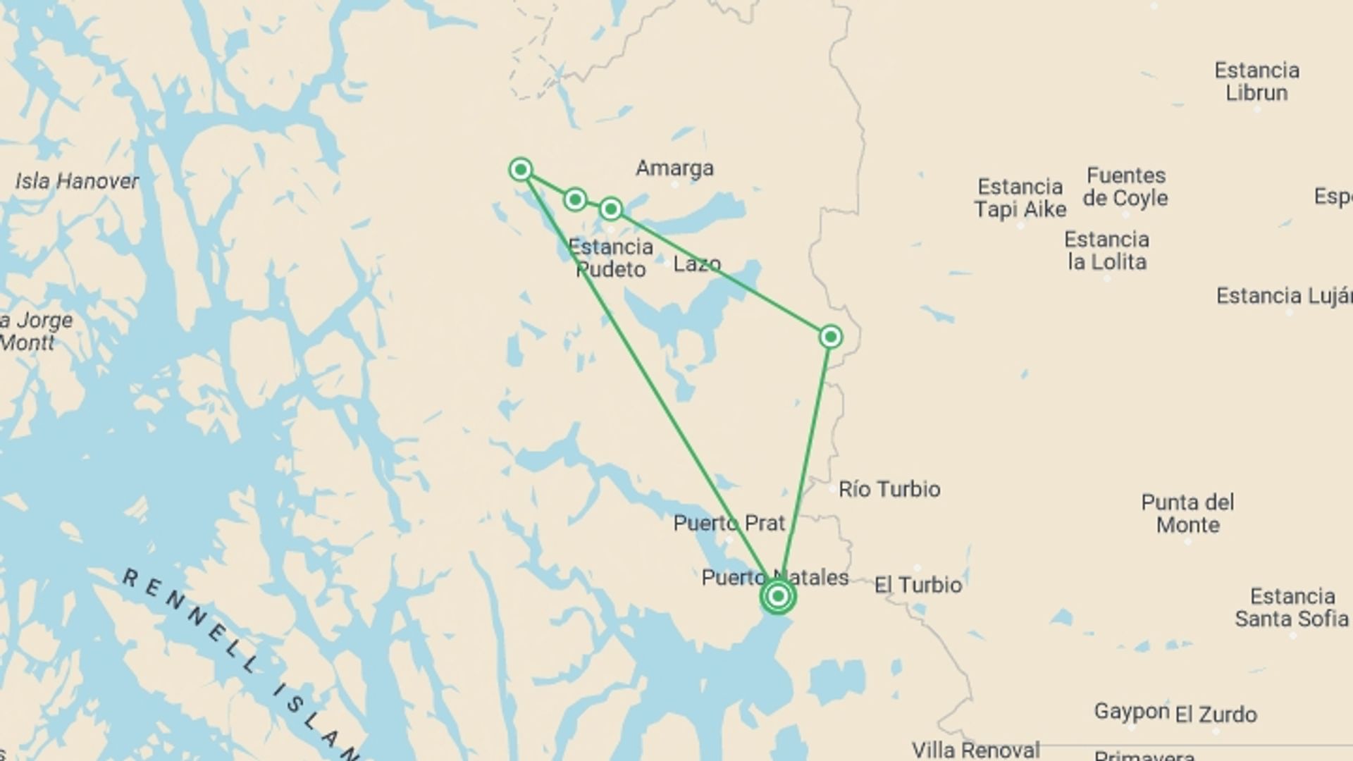 A map showing the tour itinerary for the trip: Torres del Paine W-Hike 7 Days, starting in Puerto Natales, Chile and ending in Puerto Natales, Chile going through 5 other destinations.