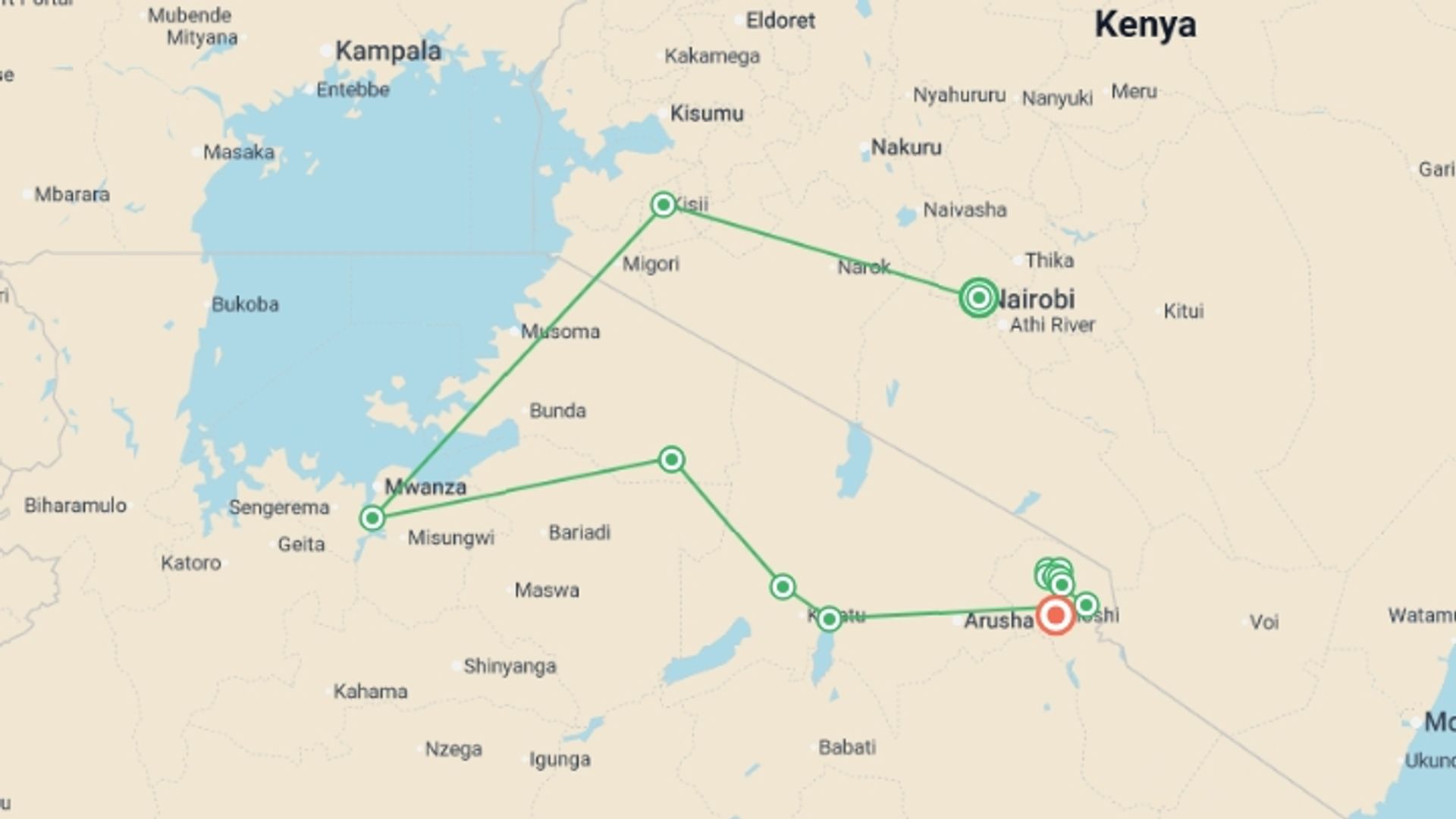 A map showing the tour itinerary for the trip: Safari to Kilimanjaro - Machame Route, starting in Nairobi, Kenya and ending in Moshi, Tanzania going through 13 other destinations.