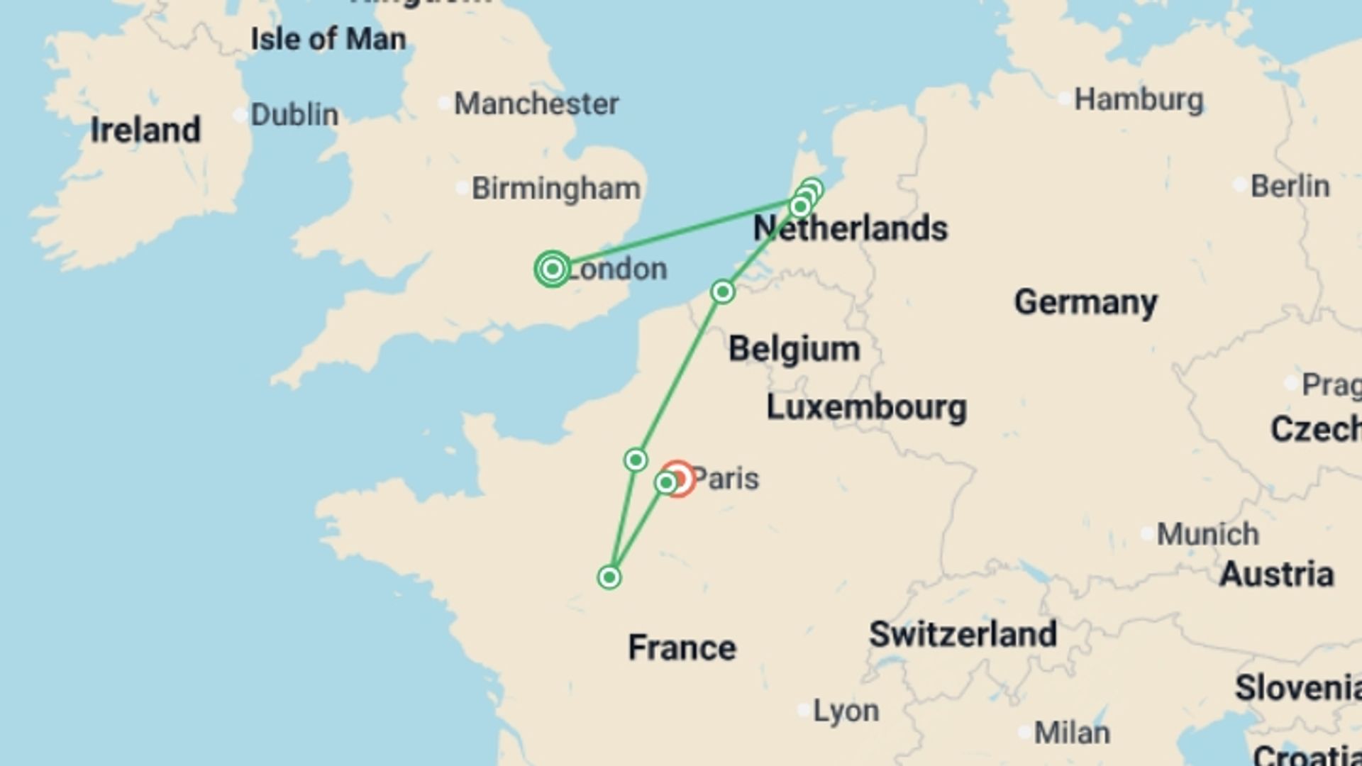 A map showing the tour itinerary for the trip: European Affair and Chelsea Flower Show, starting in London, England and ending in Paris, France going through 5 other destinations.