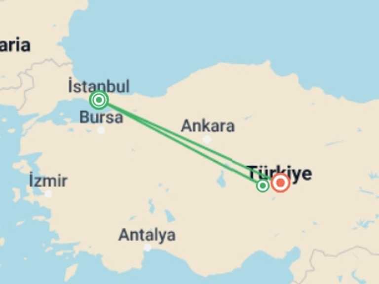 Map itinerary of Istanbul Tour in April 2027 with 3 destination visits for the trip: 3 Day Cappadocia Tour From Istanbul