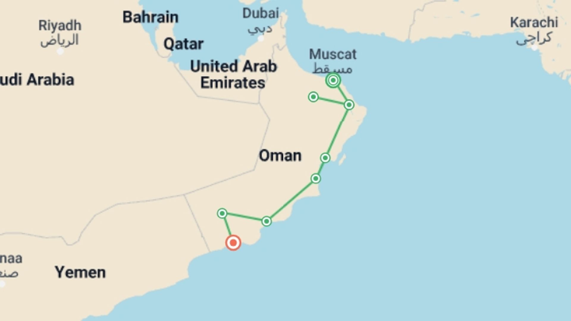 A map showing the tour itinerary for the trip: Oman Desert Odyssey, starting in Muscat, Oman and ending in Salalah, Oman going through 6 other destinations.