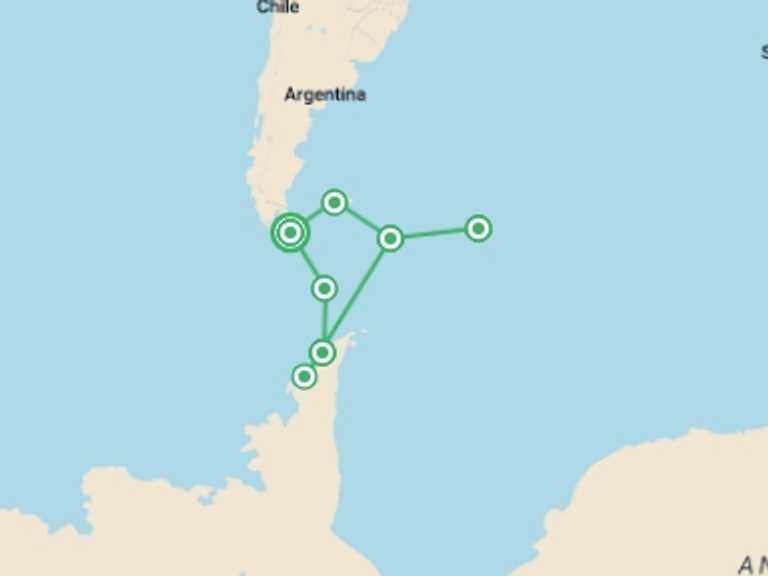 Map of Scandinavia Tour with 11 destination visits for the trip: Antarctic Circle, South Georgia and the Falklands - M/V Greg Mortimer