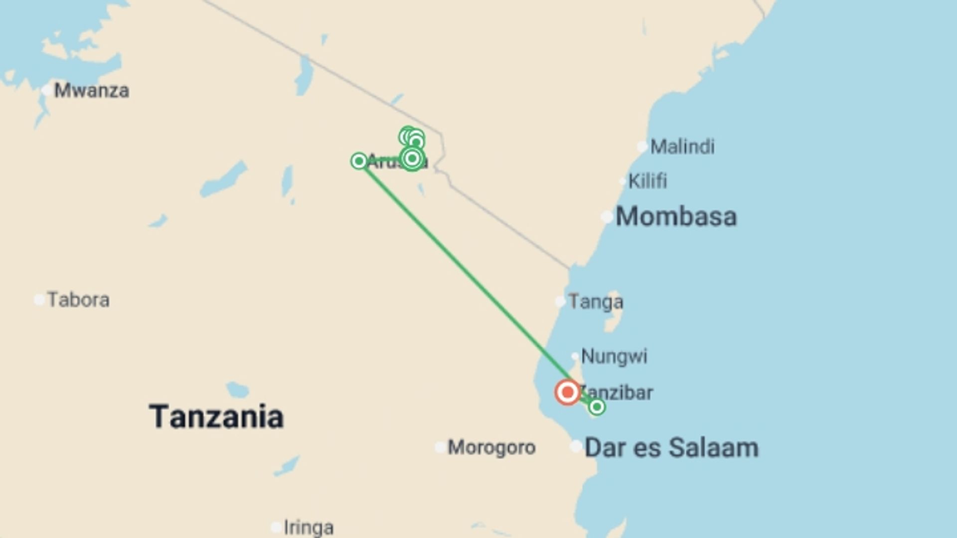 A map showing the tour itinerary for the trip: Tanzania: Kilimanjaro's Machame Route & Zanzibar Shores, starting in Moshi, Tanzania and ending in Zanzibar, Tanzania going through 8 other destinations.