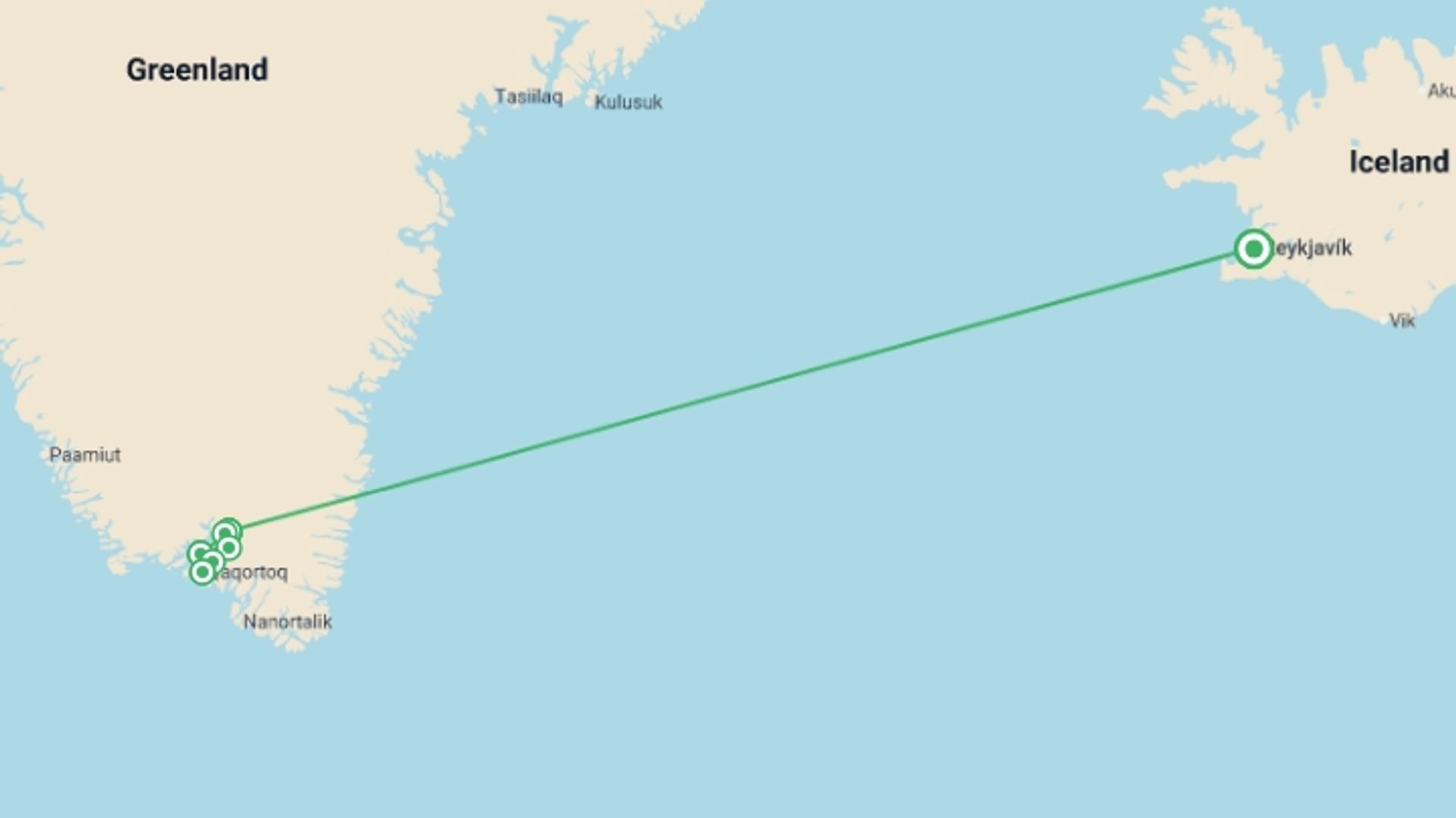 A map showing the tour itinerary for the trip: South Greenland Uncovered - 6 days, starting in Reykjavik, Iceland and ending in Reykjavik, Iceland going through 2 other destinations.