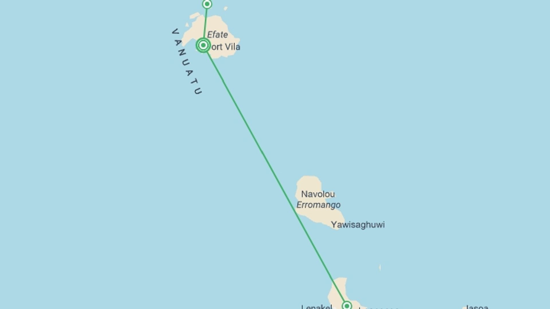 A map showing the tour itinerary for the trip: Vanuatu Expedition, starting in Port Vila, Vanuata and ending in Port Vila, Vanuata going through 2 other destinations.