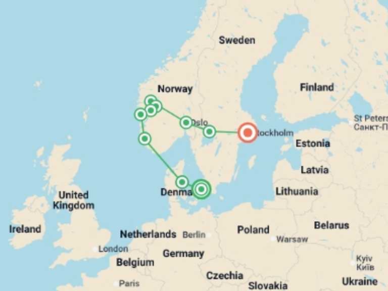 Map of Norway and Sweden Tour with 8 destination visits for the trip: Best of Scandinavia - 10 days