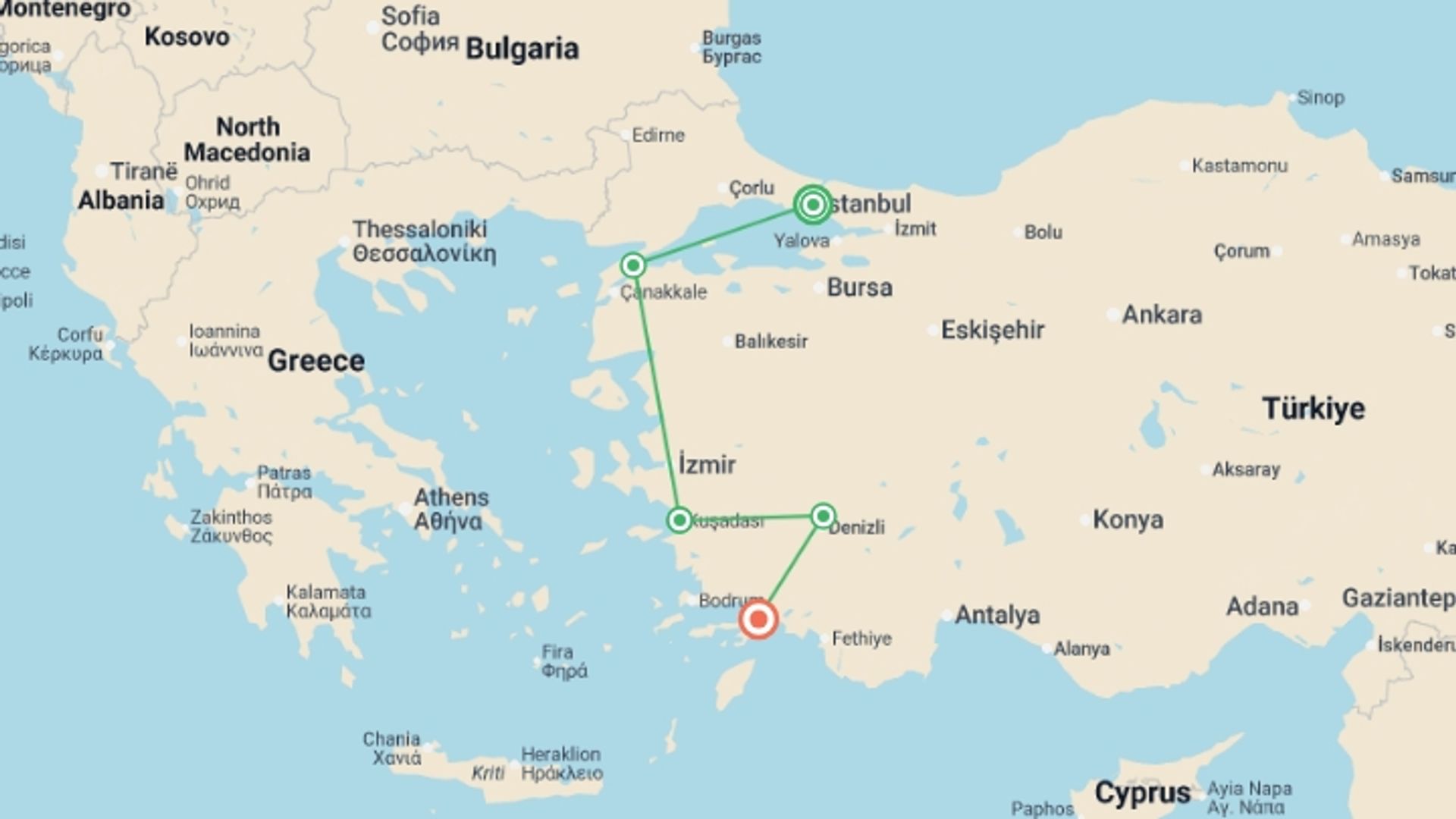 A map showing the tour itinerary for the trip: Aegean Prelude Tour, starting in Istanbul, Turkey and ending in Marmaris, Turkey going through 6 other destinations.