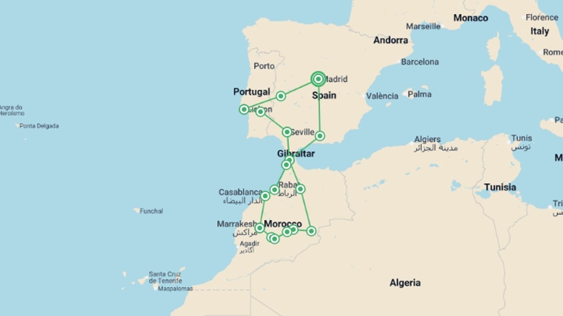 A map showing the tour itinerary for the trip: Best Iberian Cities and Morocco, starting in Madrid, Spain and ending in Madrid, Spain going through 9 other destinations.