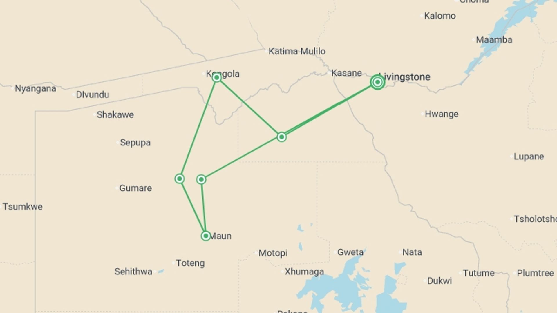 A map showing the tour itinerary for the trip: Botswana & Zimbabwe Uncovered - 13 days, starting in Victoria Falls, Zimbabwe and ending in Victoria Falls, Zimbabwe going through 4 other destinations.