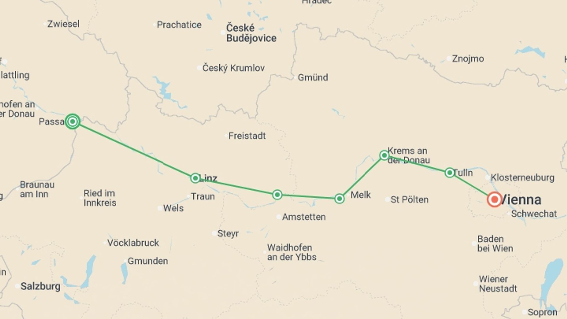 A map showing the tour itinerary for the trip: Self-Guided Cycling on the Danube from Passau to Vienna, starting in Passau, Germany and ending in Vienna, Austria going through 5 other destinations.